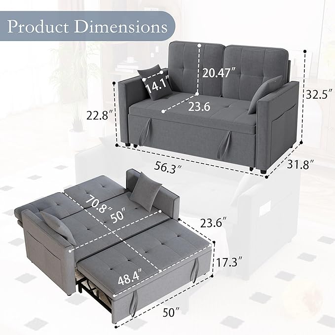 Pull Out Sofa Bed: 71 Gray Convertible Loveseat Sleeper Sofa Bed for Small Space Modern 3 in 1 Couch with Storage Couch Beds for Living Room (Grey)