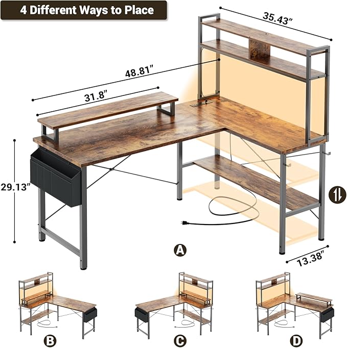 Aheaplus L Shaped Gaming Desk with Power Outlets &amp LED Lights Small L-Shaped Desk Computer Corner Desk with Monitor Stand &amp Storage Shelf Home Office Desk Writing Desk with Storage Bag Rust