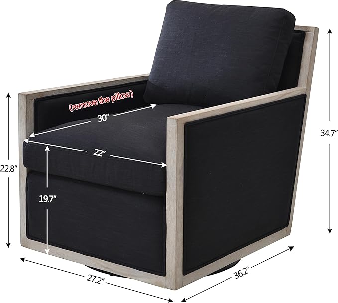 KINWELL 27 Wide Oak Wood Frame Performance Fabric Swivel Armchair No Assembly Down Fill Upholstered Swivel Barrel Chair with Removable Pillow Back for Living Room Bedroom (Black)