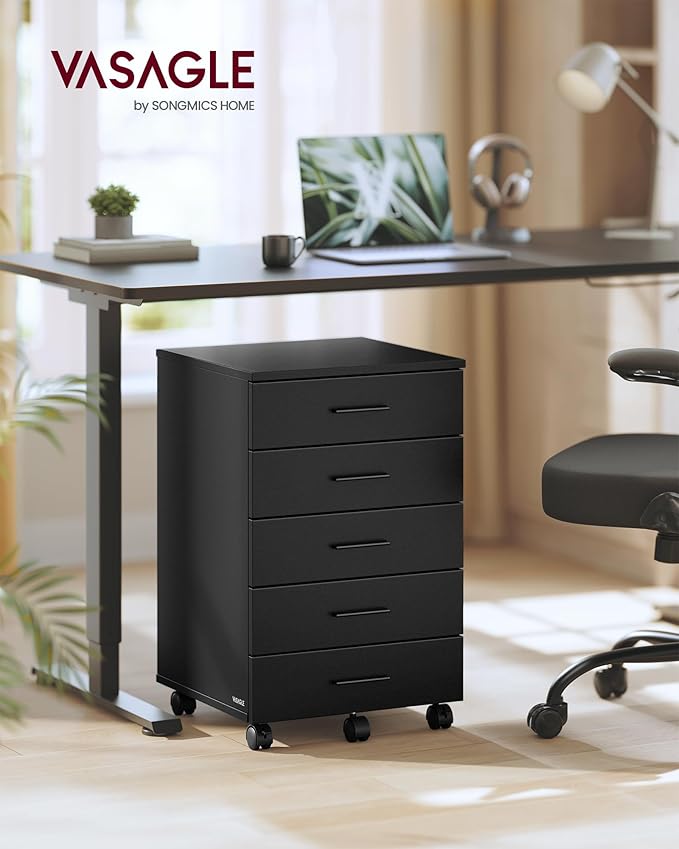 VASAGLE File Cabinet Mobile Pedestal Filing Cabinet with Wheels Printer Stand with 5 Drawers Tool-Free Sliding Rails for Study Home Office Ink Black UOFC081BC02