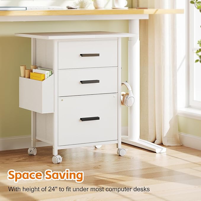 Mexin 3 Drawer File Cabinet with 24'' Extended Desktop Mobile Filing Cabinet Printer Stand Rolling Printer Stand with Side Bag Fabric Drawer Fits A4 Size Home Office White