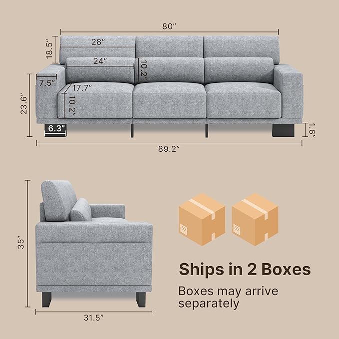 Gizoon 3-Seater Chenille Couch 89 Inch Modern Comfy Sofa with Wide Armrests &amp Deep Cushions for Living Room Bedroom and Apartment Grey