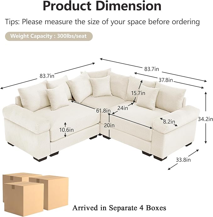 Cloud Couch Modular Sectional Sofa Oversized Convertible Sofa Sectional Couches for Living Room Comfy Corduroy Upholstery Couch Deep Seat Extra-Wide Armrests Couches Beige