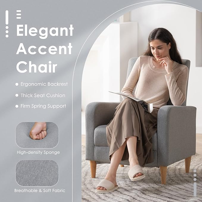 COLAMY Modern Accent Chairs Living Room Chairs Set of 2 Fabric Reading Side Arm Chair Upholstered Single Sofa with Lounge Seat and Wood Legs Light Grey