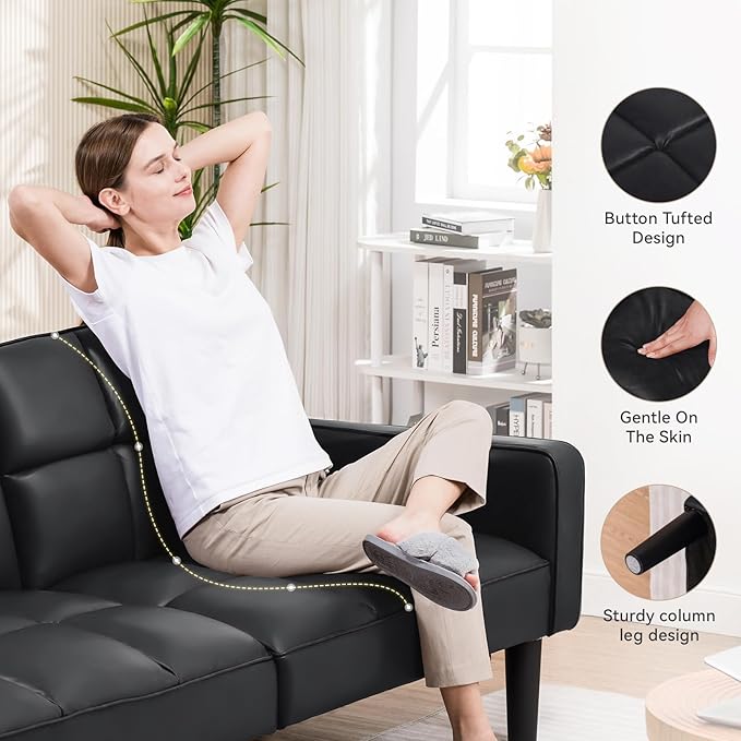 COMHOMA 76 inch Futon Sofa BedMid Century Modern Futon Couch with Adjustable BackrestFabric Convertible Sofa CamaFolding Sleeper Sofa for Living RoomBedroom (Black)
