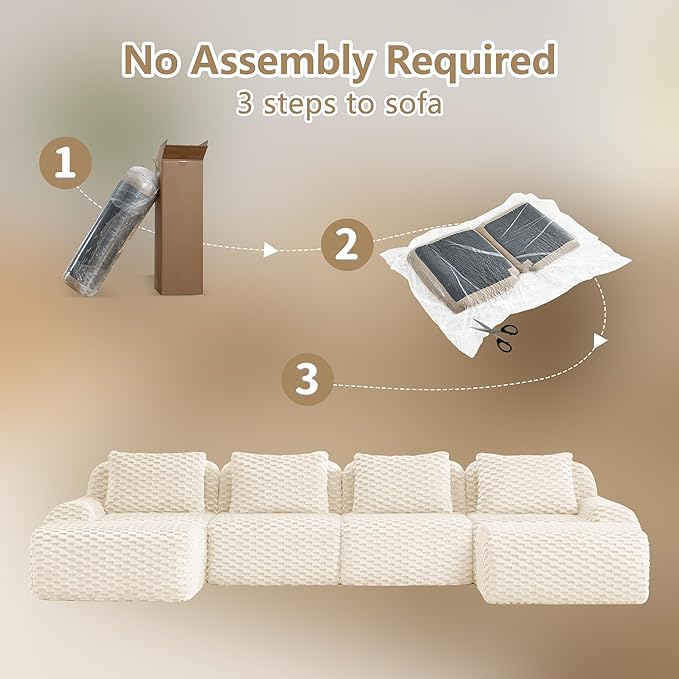 146 Modern U-Shaped Modular Sectional Sofa for Living Room White Flannelette Fabric Boneless SofaOversized 4-Seater Couch with Movable OttomanBuckle ConnectionAnti-slip DesignNo Assembly