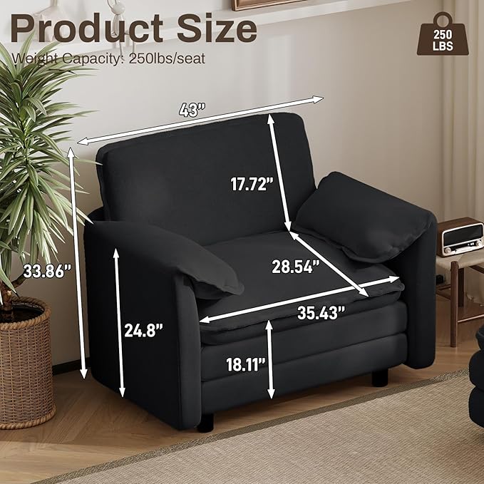 43 Oversized Chenille Single Sofa Chair Deep Seat Chaise Lounge Chair Upholstered Armchair Modern Accent Chairs for Living Room Bedroom Office Apartment Black