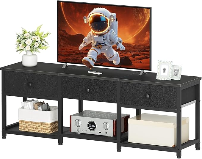 TV Stand with 3 Fabric Drawers for up to 50 Inch TV 47.2 Industrial Media Console Entertainment Center with Shelves for Living Room Bedroom Home Office Black DS12BB