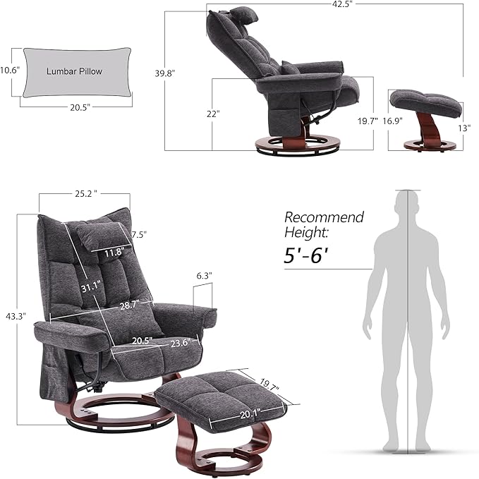 MCombo Swivel Recliner with Ottoman TV Chair Sets with Vibration Massage Ideal for Small Space Living Room &amp Bedroom 4188 (Grey)