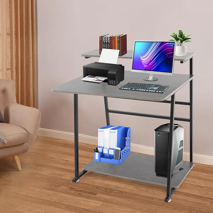 Small Office Mobile Computer Desk 3-Tier Laptop Table with Storage Shelves Tiny Computer Desk with Wheels for Home Office Bedroom Living Room Studio (Grey+Black)