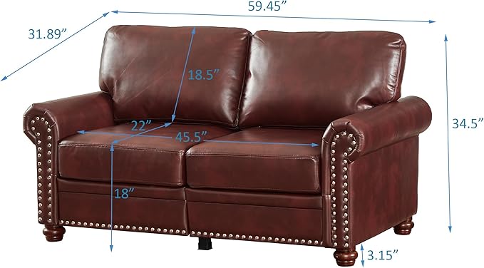 KEIKI 5 Seat Chesterfield Sofa Retro Style Upholstered Faux Leather PU Couch with Storage Space Rolled Arm Nailhead for Living Room Bedroom Office Apartment Burgundy