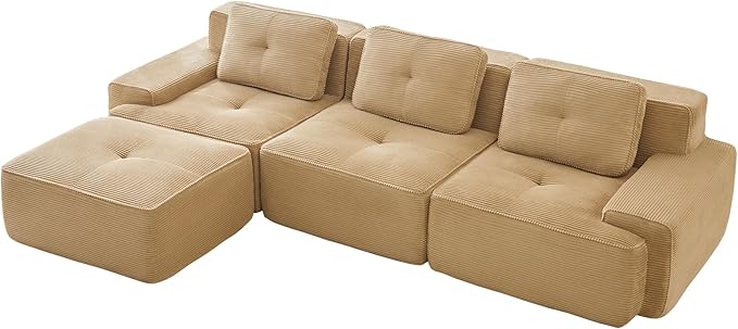 Casaphoria 115'' Boneless Sofa with Ottoman 3-Seater Modular Couch with 3 Pillows for Living Room L Shape Cloud Sectional Sofa No Assembly Camel