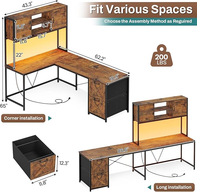 SEDETA L Shaped Desk with Drawers 62.2 Home Office Desk with Fabric File Drawers and Power Outlet L Shaped Desk with Hutch Storage Shelves LED Lights Rustic Brown
