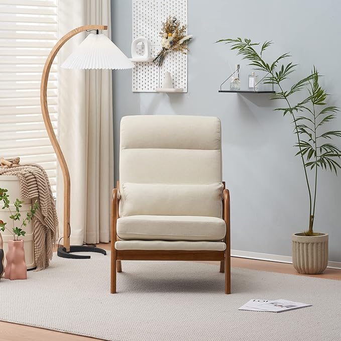 Karl home Accent Chair Mid-Century Modern Chair with Pillow High Back Line Fabric Upholstered Lounge Arm Chair with Solid Wood Frame &amp Soft Cushion for Living Room Bedroom Balcony Beige