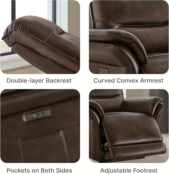 Power Recliner Chair with Adjustable Headrest and Footrest Dual Motor Leather Reclining Chair with USB/Type-C Charging Zero Gravity Modern Electric Recliner for Adults Living Room Bedroom