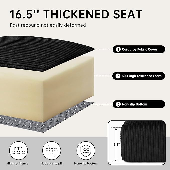 DURASPACE 108 Sectional Couch L Shaped Sofa Boneless Foam Cloud Couches with Chaise Fluffy Plush Corduroy Modular Couches for Living Room (Black Left Facing Chaise)