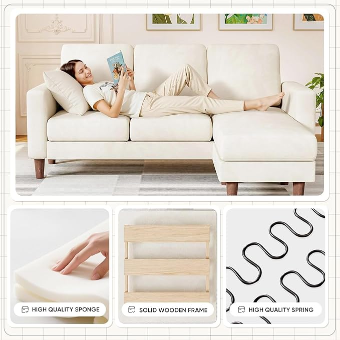 Homall Convertible Sectional Sofa 3 Seat L Shaped Couch with Side Storage Pocket Sofas with Movable Ottoman Small Linen Couches for Living Room &amp Apartment (Linen Fabric White)