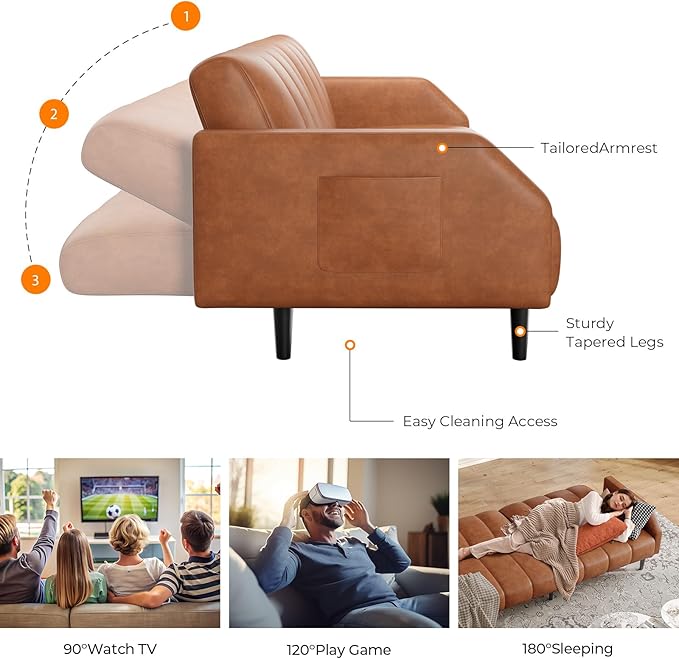 Fadware Faux Leather Couch Convertible Futon Sofa Bed with Adjustable Backrest Mid Century Leather Sofa Loveseat with Side Pockets&amp Metal Leg Modern Leather Sleeper Sofa for Living Room Bedroom