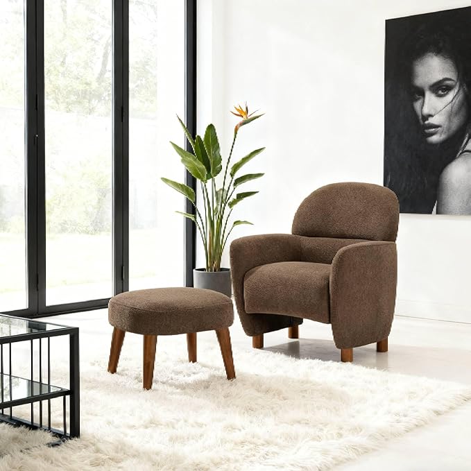 Accent Chair and Ottoman Set Modern Upholstered Barrel Chair w/Footrest Small Comfy Armchair Boucle Couch Single Sofa Chair for Living Room Lounge Bedroom Reading Corner Brown