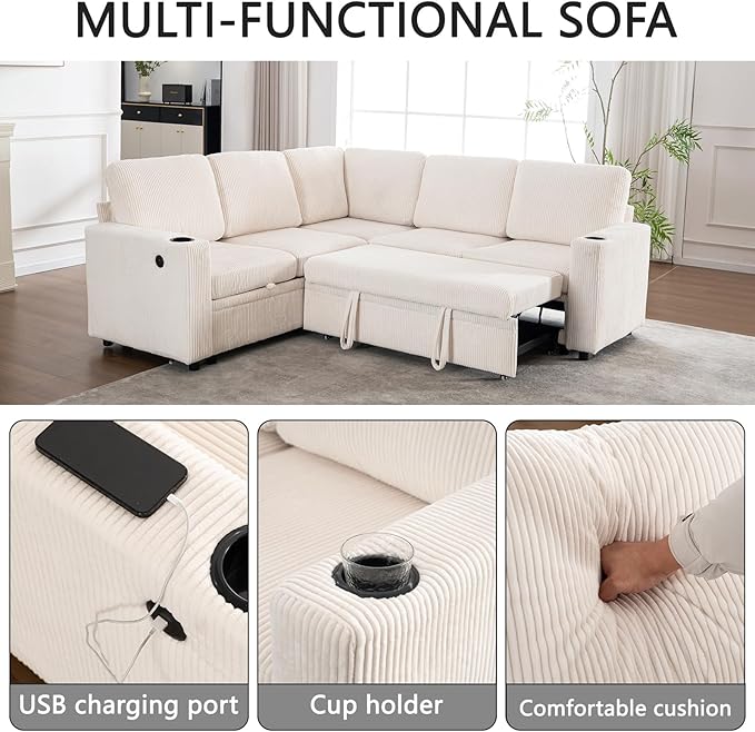 83 Modular Sectional Sleeper Sofa with Pull Out Bed Plush Corduroy L-Shaped Corner Couch with Storage USB Charger Cup Holders 5-Seater Sectional Couches for Living RoomApartment White
