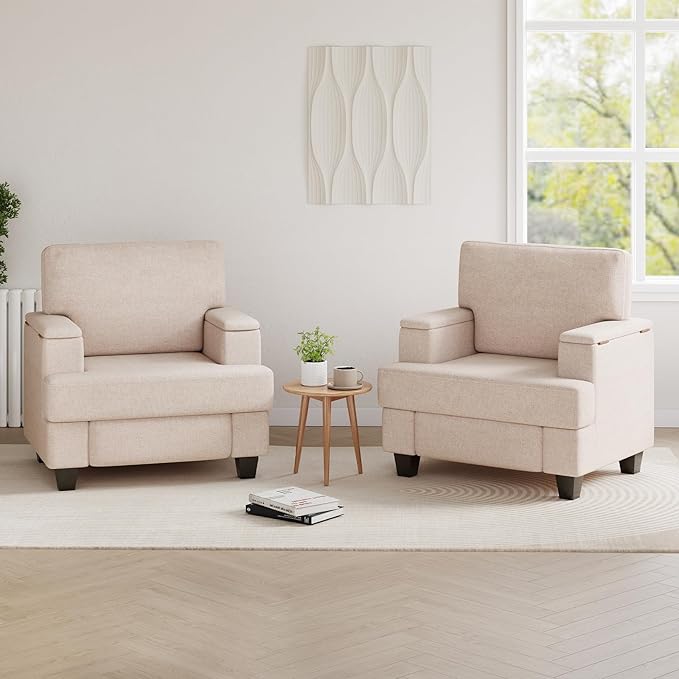 Furniliving Modern Oversized Accent Sofa Chair Comfortable Living Room Lounge Armchair with Storage Armrest Upholstered Reading Gaming Chair for Apartment Living Room Bedroom Beige