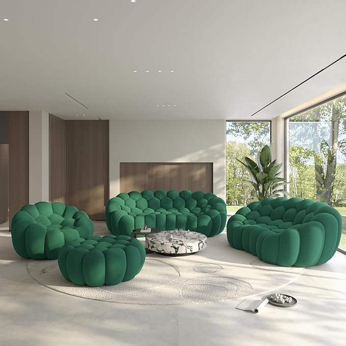 Bubble Couch for Living Room Bubble Sofa Curved Couch Set Comfy Upholstered Floor Sofa Mesh Fabric 3D Honeycomb Shape Modern Couches for Living Room Apartment (Green 98+78+49+41)