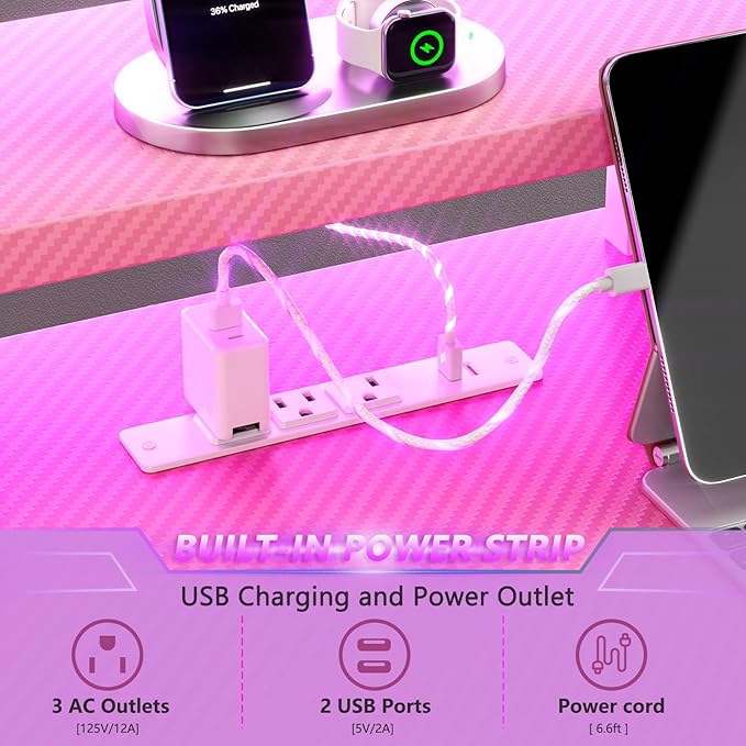 47 Inch Pink Gaming Desk with LED Lights &amp Power Outlet Gaming Computer Desk with Storage Shelves L Shaped Gamer Workstations with Monitor Stand for Bedroom
