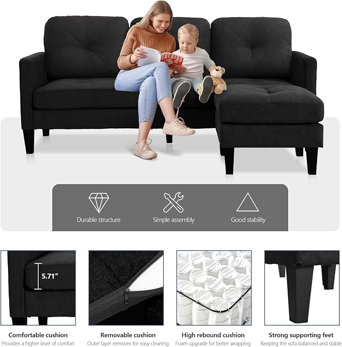 L-Shaped Couch with Reversible ChaiseConvertible Sectional Sofa CouchModular Couch SetLiving Room Furniture SetsCouches for Living Room Apartment and Small Space (Black)