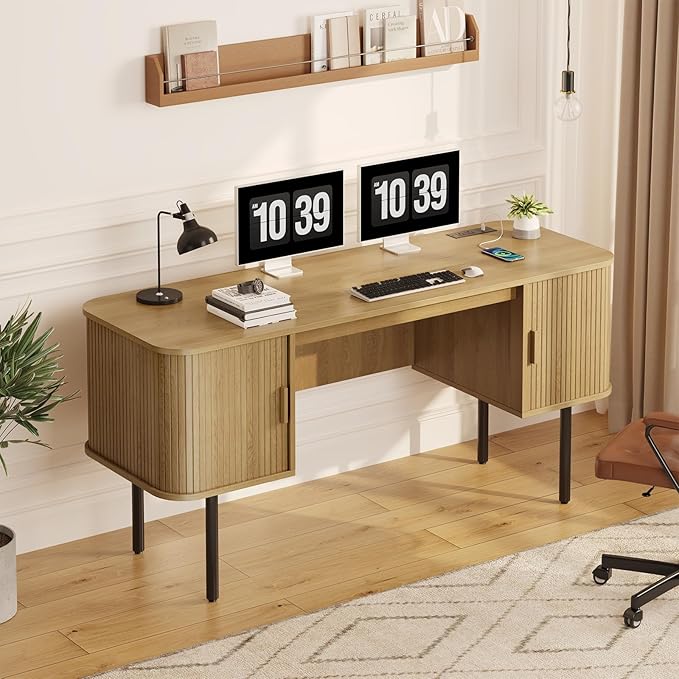 ONBRILL 63 Inch Fluted Computer Desk with Charging Station Mid Century Executive Desk with 2 Storage Cabinets Modern Home Office Large Desk with Metal Legs for Working Studying Writing Oak