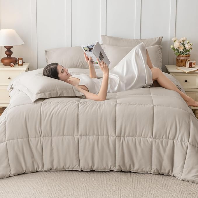 JOLLYVOGUE Queen Comforter Set Ultra-Soft Bed in a Bag Queen Size 7 Pieces Oeko-TEX Certified Bedding Set with Down Alternative Comforter Sheets Pillowcases &amp Shams Oatmeal