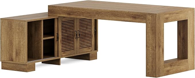 LITTLE TREE 63 L Shaped Executive Desk with Storage Farmhouse Home Office Desk with 2-Tier Cabinets and Shelves Large Wooden Computer Table Business Furniture Workstation Set Brown