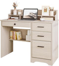 Small Desk with 4 Drawers Computer Desk with Storage &amp Monitor Stand for Small Space Office Desk with File Drawers &amp Shelve for Bedroom Wood Writing Desk with Hutch Milky White