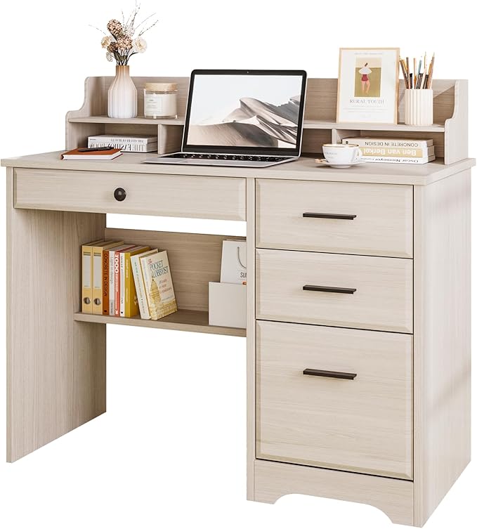 Small Desk with 4 Drawers Computer Desk with Storage &amp Monitor Stand for Small Space Office Desk with File Drawers &amp Shelve for Bedroom Wood Writing Desk with Hutch Milky White