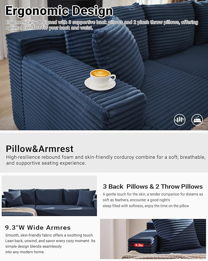 105 Inch Cloud Sectional CouchModern Modular Sectional Sofa with Deep SeatCorduroy Boneless Couches with L-Shape Chaise for Living Room BedroomNo Assembly Required (Blue Left Facing Chaise)