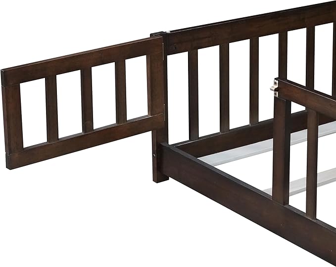 Bellemave Twin Floor Bed Frame with Slats and Safety Guardrail Wood Twin Size Montessori Floor Bed with Door and Fence Easy Assemble Montessori Beds for Kids Girls Boys Espresso