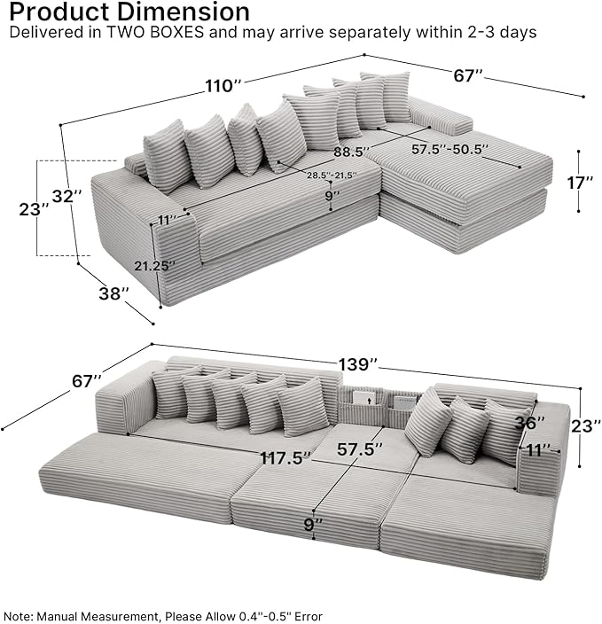 110 Boneless Couches for Living Room Cloud Modular Sectional Sofa Bed Customizable Convertible Sleeper Sofa Plush Corduory Folding Futon Floor Couch No Assembly(Light GreyRight)