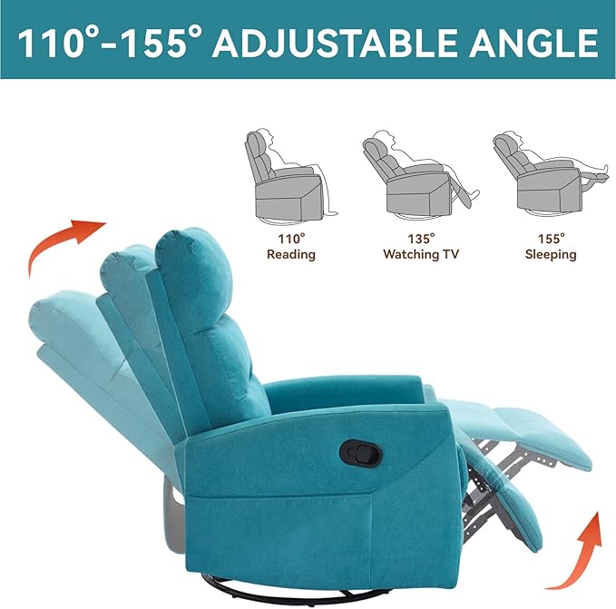 Swivel Rocking Recliner Chair Upholstered Glider Rocker with Adjustable Backrest and Footrest Modern Rocking Chair for Adults with 2 Pockets for Nursery Lounge Bedroom Living Room (Blue)