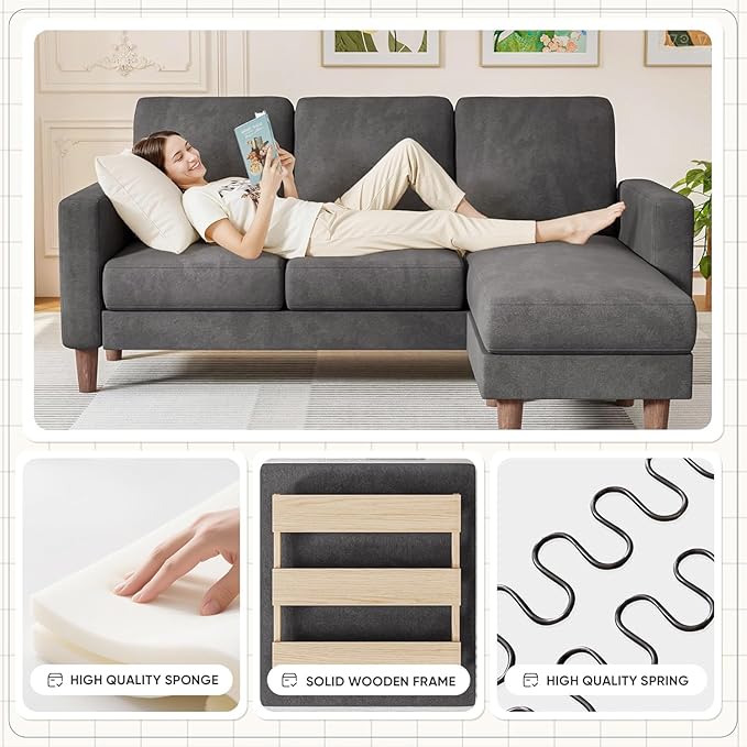 Homall Convertible Sectional Sofa 3 Seat L Shaped Couch with Side Storage Pocket Sofas with Movable Ottoman Small Linen Couches for Living Room &amp Apartment (Linen Fabric Dark Grey)