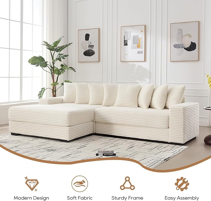Fefances Spacious Two-Section Left-Oriented Modular L-Shaped Corduroy Sectional Couch for Living Spaces 111 Upholstered Convertible Chaise Sofa &amp Chaise Lounge with Daybed FunctionalityBeige/L.