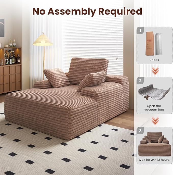 Oversized Chaise Lounge Chair Indoor 67'' Corduroy Boneless Sofa Bed Modern Upholstered Deep Seat Sleeper Couch for Living Room Movie Room Apartment Small Space No Assembly Brown