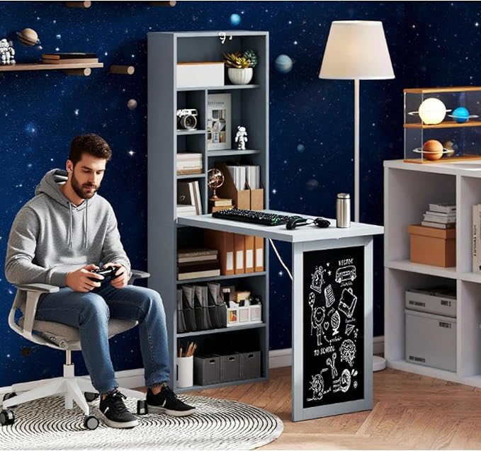 Fold-Out Convertible Office Desk Wall Mount Computer Desk - Metal Charcoal Grey - Foldable Space-Saving Design - Home Office Study - Space-Saving Durable Easy to Assemble