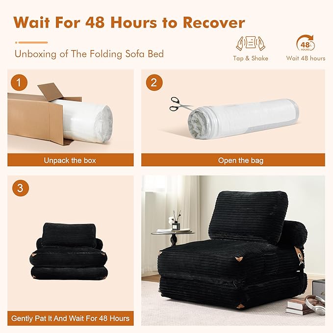 Folding Sofa BedComfy Sleeper Chair Foldable Mattress with Pillow &amp Back SupportPortable Fold Out Chair Bed Floor Convertible Lounge Sofa Couch for Living Room Bedroom (Black)