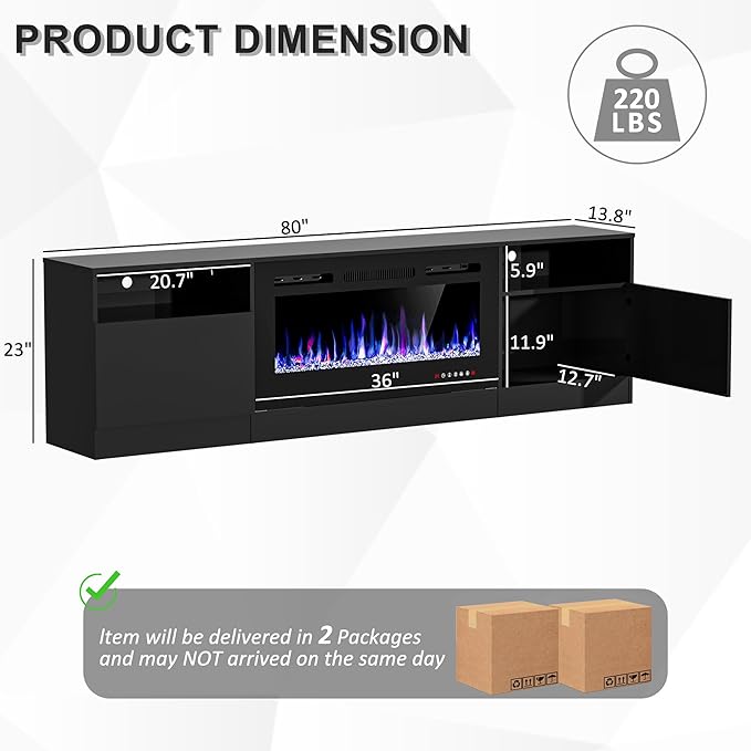 AHB Fireplace TV Stand 80 Inch LED Light Entertainment Center with 36 Electric Fireplace and Storage Cabinet Media Console Table for TVs Up to 90 Inches Ideal for Living Room