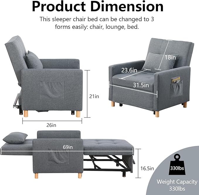 Sleeper Chair Bed Convertible Chair Bed Sleeper Pull Out Sofa Beds with Adjustable Backrest Modern Linen Fabric Convertible Chair to Bed for BedroomLiving Room Apartment-Dark Grey