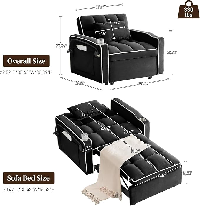 Sleeper Sofa Chair Bed 3 in 1 with Charging Ports Phone Holder &amp Cup Holders - Modern Velvet Convertible Pull Out Single Sofa Bed for Small Spaces Apartment Dorm (Black)