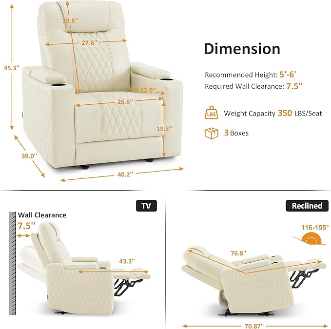 MCombo Zero Gravity Oversized Power Recliner Chair for Adults with Power Headrest &amp LED Light Faux Leather Recliner Chair for Living Room &amp Home Theater USB Port Armrest Storage HTS401