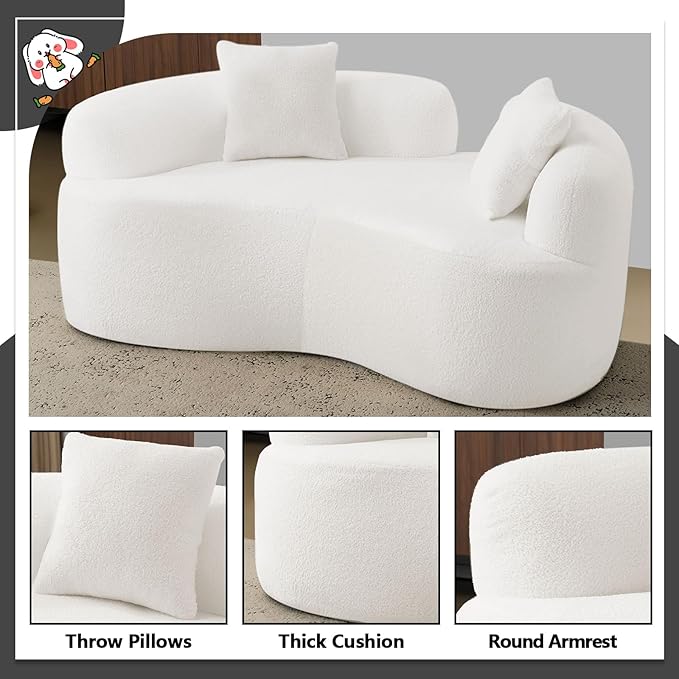 67 White Curved Loveseat with Round Armrest Round Couch in a Box Boneless Curved Sofa for Living Room Bedroom Small Space Teddy No Assembly Broken Design (White)
