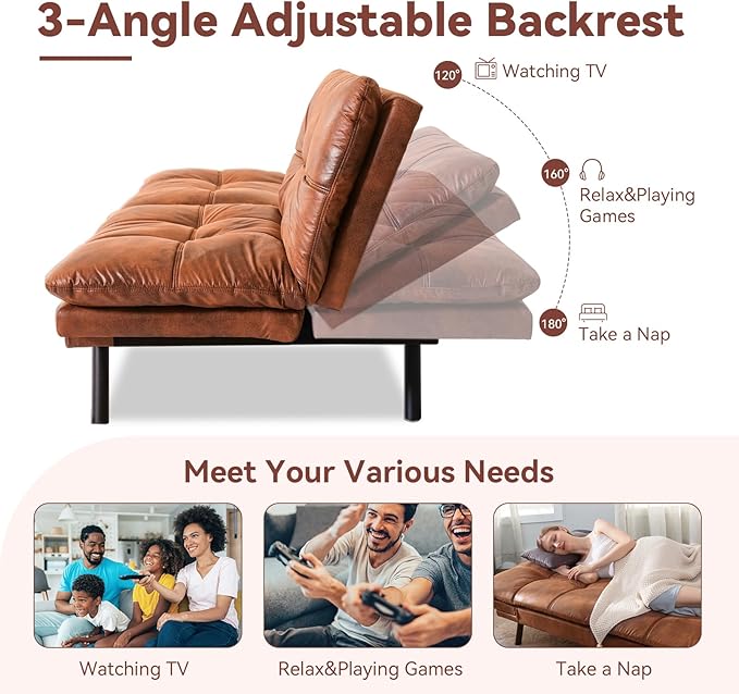 Convertible Futon Sofa BedFaux Leather Futon CouchMemory Foam Futons BedSmall Splitback Modern Loveseat Sleeper Sofa for Living RoomOfficeApartmentBrown