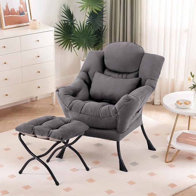 Lazy Chair with Ottoman Comfy Fabric Accent Lounge Arm Chair with Lumbar Pillow and Folding Footrest Reading Leisure Sofa Armchair for Bedroom Living Room DormDark Grey