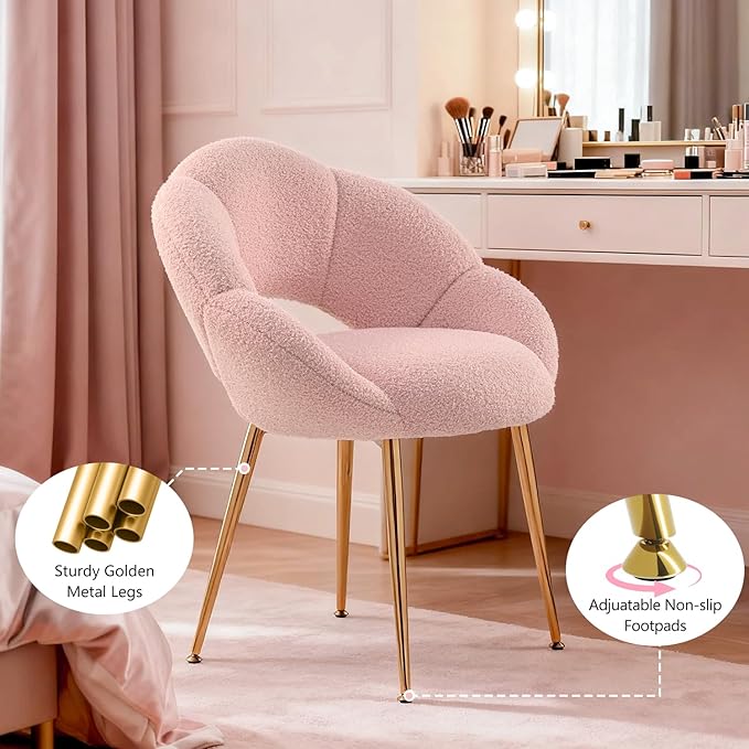 Petal Makeup Vanity Chair with BackModern Dining ChairUpholstered Desk Chair for Girls with Gold Metal Legs for Home OfficeBedroom (Pink)